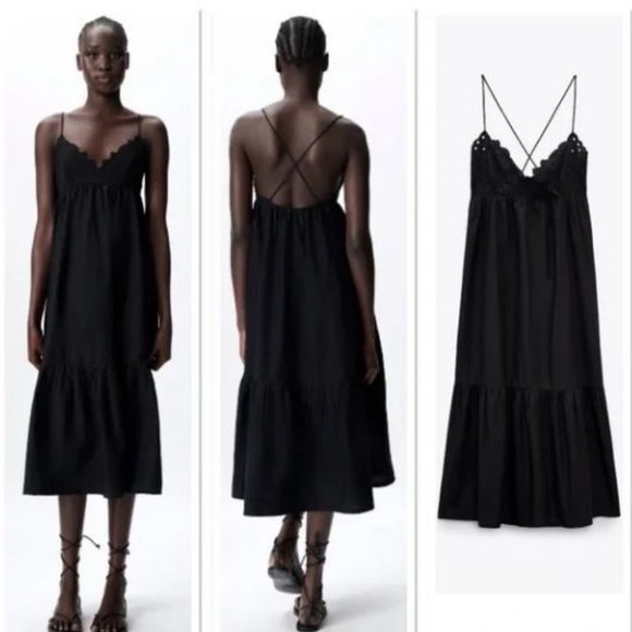Zara Dresses & Skirts - NWT Zara Black Embroidered V-Neck Spaghetti Strap Poplin Dress Sz:M
